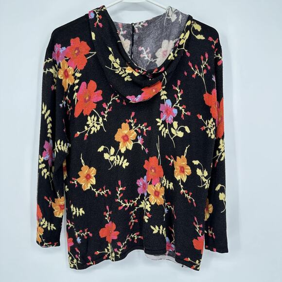 Eric Spencer Sweater Womens XL Black Floral Print Hooded Zip Up Pullover Cottage - Picture 9 of 10